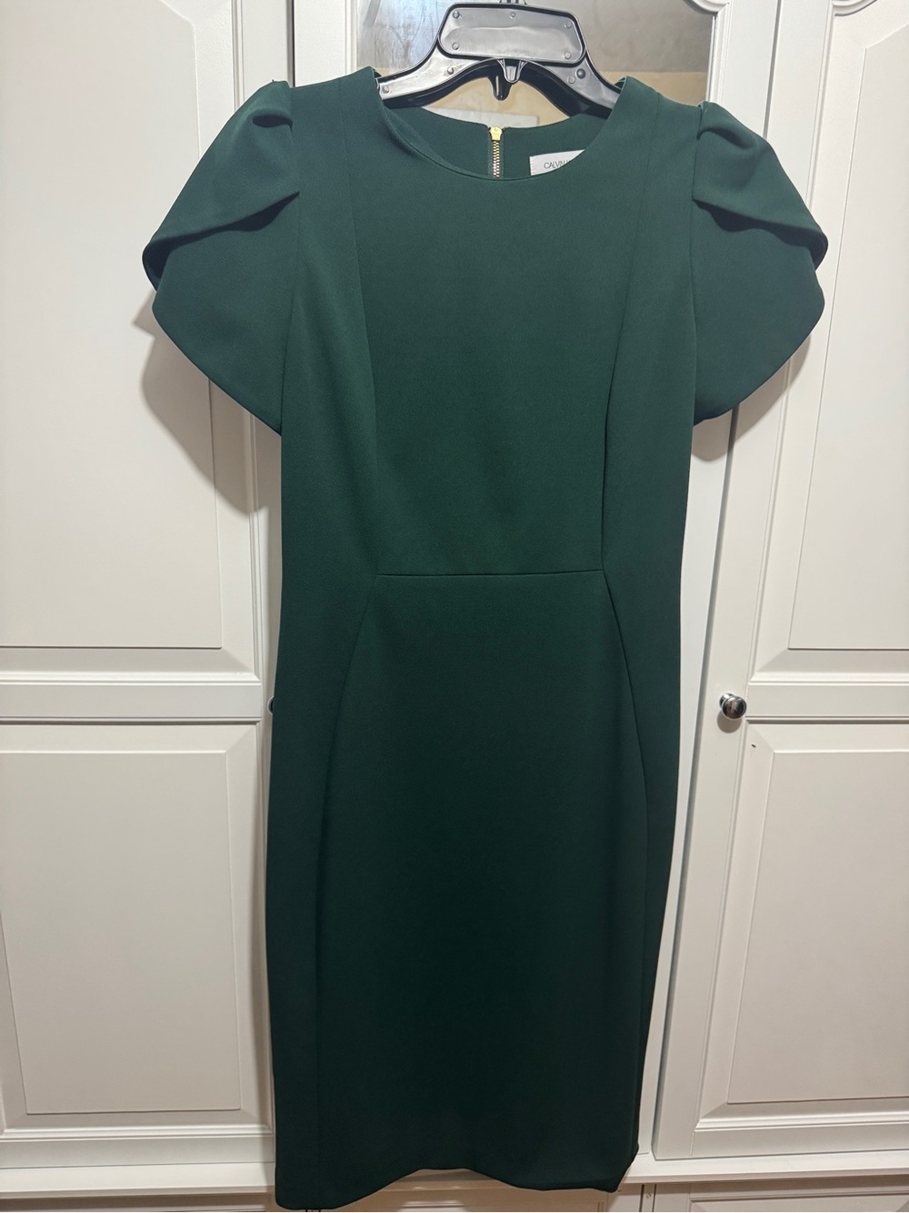 Calvin Klein Dark Green Puff-Sleeve Midi Sheath Dress